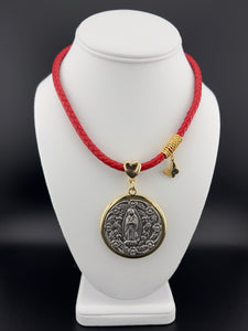 Virgen De Guadalupe Medallion in Leather Necklace