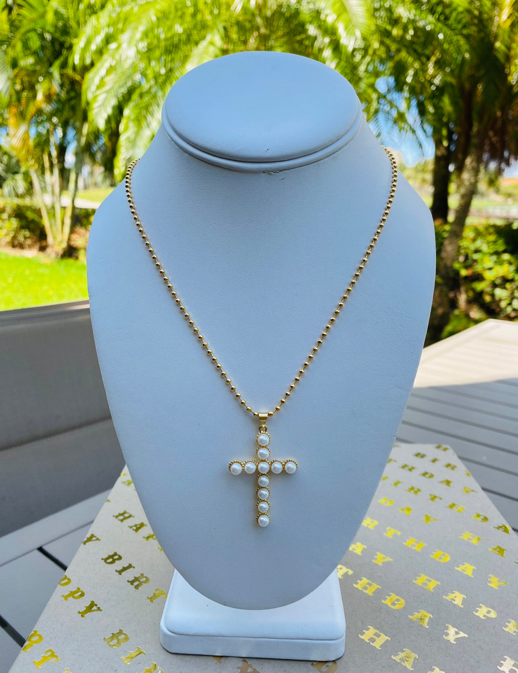 Stainless Steel, Gold, and Nacre Cross Necklace